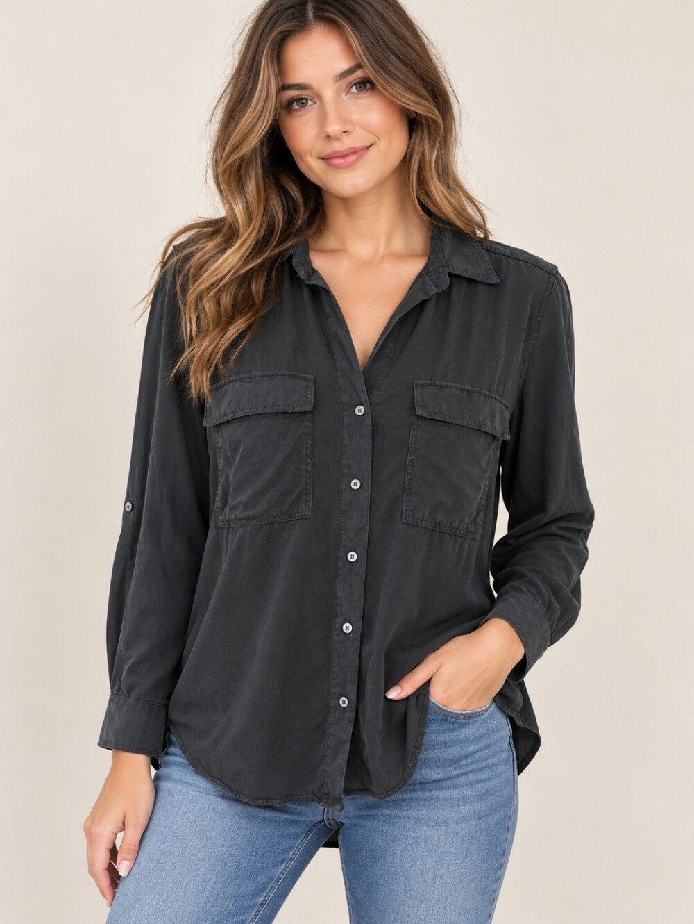 Babaton by Aritzia Black TENCEL™ Button-Up Shirt